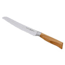 The Messermeister Oliva Elite Reverse Scalloped Utility Knife - 6", featuring a German stainless steel blade and light brown olive wood handle, is displayed diagonally on a white background.