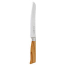The Messermeister Oliva Elite Reverse Scalloped Utility Knife - 6" features a serrated German stainless steel blade and a light brown olive wood handle, shown against a white background.