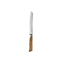 The Messermeister Oliva Elite Reverse Scalloped Utility Knife - 6" features a shiny German stainless steel blade and a light brown olive wood handle, shown against a plain white background.