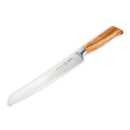The Messermeister Oliva Elite Scalloped Bread Knife - 9" features a long stainless steel blade and a light wooden handle, precision-forged in Germany, shown against a white background.