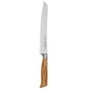 The Messermeister Oliva Elite Scalloped Bread Knife - 9" features a long stainless steel blade and an olive wood handle, precision-forged in Germany, displayed against a white background.