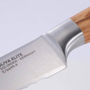 Close-up of the 9" Messermeister Oliva Elite Scalloped Bread Knife, featuring an olive wood handle and stainless steel blade engraved with OLIVA ELITE SOLINGEN GERMANY E/6699-9, precision-forged in Germany against a light background.