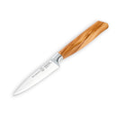 The Messermeister Oliva Elite Spear Point Paring Knife - 3.5" features a shiny German stainless steel blade and a light wooden handle, shown isolated on a white background.