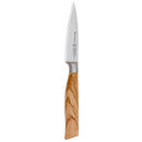 The Messermeister Oliva Elite Spear Point Paring Knife - 3.5" features a sharp German stainless steel blade and a wood-patterned handle, displayed on a white background.