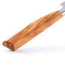 Close-up of the Messermeister Oliva Elite Spear Point Paring Knife - 3.5" with a polished wooden handle and smooth grain, featuring a partially visible German stainless steel blade against a white background.