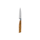 The Messermeister Oliva Elite Spear Point Paring Knife - 3.5" features a sharp German stainless steel blade and a smooth wooden handle, shown on a plain white background.