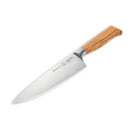 The Messermeister Oliva Elite Starter Set - 3 Piece features chef’s knives crafted from German stainless steel with polished olive wood handles, engraved branding near the handle, displayed on a white background—ideal for any starter set.