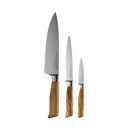 Three kitchen knives of different sizes from the Messermeister Oliva Elite 11-Piece Next Level Knife Block Set, featuring polished stainless steel blades and light brown wooden handles, are displayed vertically against a plain white background.
