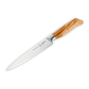 The Messermeister Oliva Elite Starter Set - 3 Piece features German stainless steel blades and light brown wooden handles, displayed on a white background.