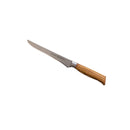 The Messermeister Oliva Elite Stiff Boning Knife - 6" features a sharp, high-carbon stainless steel pointed blade and a light brown olive wood handle, shown on a white background.