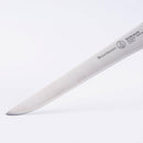 A close-up of the 6" Messermeister Oliva Elite Stiff Boning Knife blade, made from high-carbon stainless steel and engraved with the Messermeister brand name, set against a plain white background.