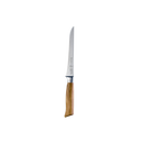 The Messermeister Oliva Elite Stiff Boning Knife - 6" features a long, narrow high-carbon stainless steel blade and a light brown wooden handle, displayed against a plain white background.