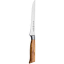 The Messermeister Oliva Elite Stiff Boning Knife - 6" features a long, narrow high-carbon stainless steel blade and a curved olive wood handle, shown on a white background.
