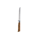 The Messermeister Oliva Elite Stiff Boning Knife - 6" features a slim, sharp high-carbon stainless steel blade and a smooth wooden handle, showcased against a white background.