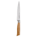 The Messermeister Oliva Elite Utility Knife - 6" features a shiny German stainless steel blade and a light brown olive wood handle, shown against a plain white background.