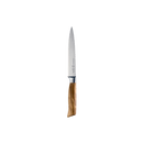 The Messermeister Oliva Elite Next Level 5-Piece Block Set features sharp kitchen knives with silver blades and light brown olive wood handles, showcased vertically on a plain white background.