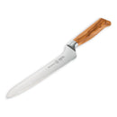 The Messermeister Oliva Elite Offset Scalloped Bread Knife - 8" features a long German stainless steel blade and a wooden handle, shown on a white background.