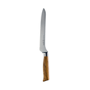 The Messermeister Oliva Elite Offset Scalloped Bread Knife - 8" features a German stainless steel blade and a light brown wooden handle, shown against a plain white background.