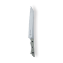 A serrated bread knife featuring a silver blade and a grey handle, displayed on a white background—an outstanding addition to the Messermeister Overland Chef 6-Piece Leather Knife Roll Set, perfect for outdoor culinary adventures.