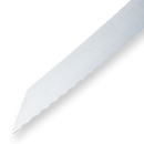 Close-up of a serrated knife blade with a pointed tip, photographed against a white background. The sharp, clean metal surface makes it an excellent addition to any outdoor cooking collection and the perfect companion for secure storage in the Messermeister Overland Chef 6-Piece Leather Knife Roll Set by Messermeister.