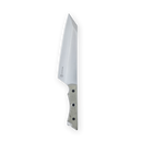 The Messermeister Overland Chef 6-Piece Leather Knife Roll Set features a modern chef’s knife with a wide, angular stainless steel blade and a textured, light-colored handle accented by two rivets, all displayed on a plain white background—an ideal choice for anyone looking to add dependable outdoor cooking knives to their kit or complement their leather knife roll.