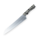 A large, modern kitchen knife with a straight-edged, angled blade and a textured wooden handle is displayed on a white background—an excellent choice for those seeking premium outdoor cooking knives or wanting to enhance their collection with the Messermeister Overland Chef 6-Piece Leather Knife Roll Set by Messermeister.