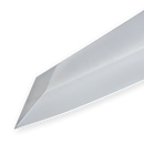Close-up view of the pointed tip of a polished, straight-edged metal blade—possibly from the Messermeister Overland Chef 6-Piece Leather Knife Roll Set by Messermeister—on a white background; an essential addition to any outdoor cooking knives collection or for neatly storing your blades in a leather knife roll.