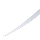 A close-up of the tip of a shiny, curved sword blade on a white background, evoking the expert craftsmanship characteristic of Messermeister outdoor culinary tools like the Messermeister Overland Chef 6-Piece Leather Knife Roll Set.