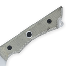Close-up of the Messermeister Overland Chef 6-Piece Leather Knife Roll Set’s textured gray handle, featuring three black screws and a small gear-like detail at the end, photographed on a white background—an ideal choice from Messermeister for securely storing your outdoor cooking knives.
