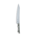 The Messermeister Overland Chef 6-Piece Leather Knife Roll Set by Messermeister features a sharp fillet knife crafted from stainless steel with a pointed tip and a textured gray handle—an essential component for any outdoor cooking enthusiast’s knife collection. The set is displayed against a plain white background.