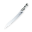 Introducing the Messermeister Overland Chef 6-Piece Leather Knife Roll Set by Messermeister, featuring sleek, sharp kitchen knives with silver blades and wooden handles—ideal for outdoor cooking enthusiasts. Displayed on a plain white background.