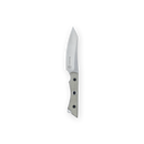 A fixed-blade knife with a silver blade and a textured, light gray handle featuring two large rivets is displayed on a plain white background—the perfect addition to any outdoor cooking knife collection or ideally stored in the Messermeister Overland Chef 6-Piece Leather Knife Roll Set by Messermeister.