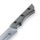 Close-up of the Messermeister Overland Chef Scalloped Slicer - 8" handle, showing its textured gray grip with two black screws, plus part of the scalloped blade and Messermeister logo.