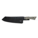 The Messermeister Leather Belt Sheath for Overland Camp Knife is a full-grain leather case that covers the blade, leaving the textured handle exposed. It has an embossed logo and a secure strap, combining protection and style for your Messermeister knife.