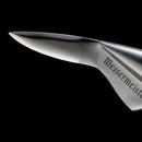 Close-up of the Messermeister Oyster Knife - 6.5" showing its sharp stainless steel blade with the Messermeister brand engraved, ergonomic handle, and set against a black background.