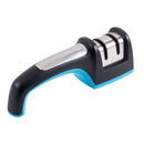 The Messermeister Pull Through Sharpener features a black and blue handle, two sharpening slots, and a sleek silver metallic top section.