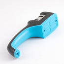 The Messermeister Pull Through Sharpener by Messermeister, shown on a white background, is blue and black with two sharpening slots and an ergonomic handle for easy grip.