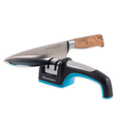 A chef’s knife with a wooden handle is shown in the Messermeister Pull Through Sharpener by Messermeister, which has a black, blue, and silver design on a white background.