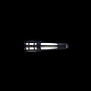 A top-down view of the Messermeister Pull Through Sharpener by Messermeister, featuring a sleek black and silver design, isolated on a black background.