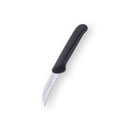 The Messermeister Black Birds Beak Parer with Matching Sheath - 2.5" features a curved stainless steel blade and ergonomic black handle, perfect for precision tasks—shown on a white background.
