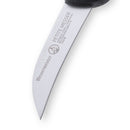 Close-up of the Messermeister Black Birds Beak Parer with Matching Sheath (2.5"), highlighting its curved edge, engraved Messermeister branding, and a glimpse of the black handle in the top right.