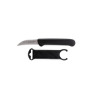 The Messermeister Black Birds Beak Parer with Matching Sheath - 2.5" is a small curved paring knife featuring a stainless steel blade and black handle, shown with its black sheath against a plain white background.