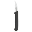 The Messermeister Black Birds Beak Parer with Matching Sheath - 2.5" features a curved stainless steel blade and an ergonomic black handle, shown on a white background.