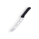 The Messermeister Petite Messer Black Cheese & Tomato Knife - 6" features a stainless steel, perforated serrated blade with a forked tip and a black handle, shown isolated on a white background.