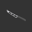 The Messermeister Petite Messer Black Cheese & Tomato Knife - 6" features a stainless steel blade with cut-outs, a forked tip, and a black handle, shown against a dark gray background.