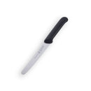The Messermeister Black Serrated Tomato Knife with Matching Sheath, 4.5", features a black handle and silver micro-serrated blade, shown diagonally on a plain white background.