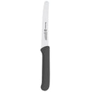 The Messermeister Black Serrated Tomato Knife with Matching Sheath (4.5") features a micro-serrated stainless steel blade and a black curved handle, displayed against a white background.
