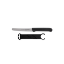 The Messermeister Black Serrated Tomato Knife with Matching Sheath - 4.5" features a sharp micro-serrated blade and black handle, shown with its black sheath against a plain white background.