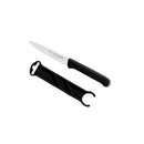 A Messermeister Black Spear Point Parer with Matching Sheath - 4" lies beside its sheath on a white background, showcasing a precision blade for effortless slicing and peeling.