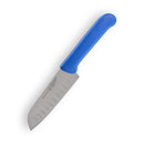 The Messermeister Petite Messer Blue Kullens Santoku Knife - 5" features a stainless steel blade with Granton (Kullens) edge and a blue ergonomic handle, shown on a white background.